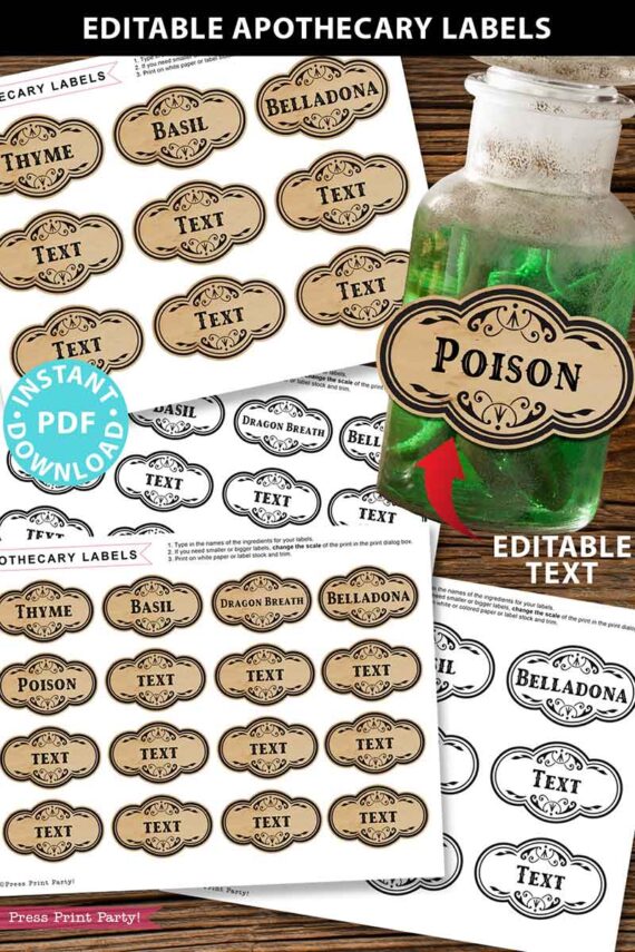 Apothecary Labels Printables, Halloween labels for bottles, Halloween Potion Bottle Labels Stickers, Editable, Vintage Halloween Decorations, Wizard, INSTANT DOWNLOAD Press print party