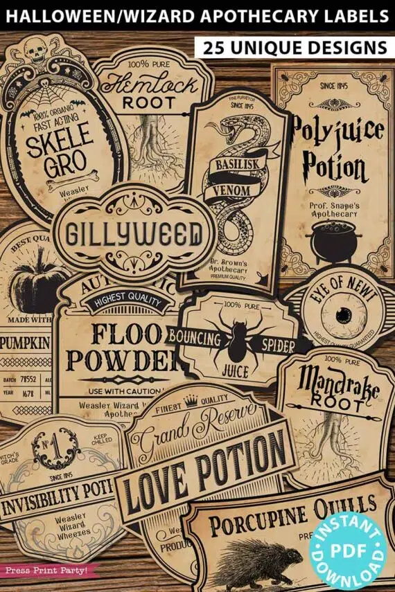 Halloween labels for bottles printable pdf - Apothecary labels halloween or wizard party. Harry potter party printables - Vintage halloween decorations - Gillyweed, floo powder, polyjuice potion, love potion, mandrake root, skelegro, eye of newt - Press Print Party!