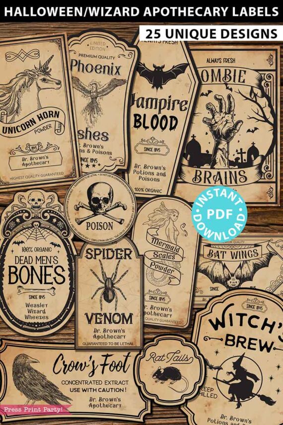 Halloween labels for bottles printables- Apothecary labels halloween or wizard party. Harry potter party printables - Vintage halloween decorations, Vampire blood, zombie brains, witchs brew, spider venom, unicorn horn powder, phoenix ashes- Press Print Party!