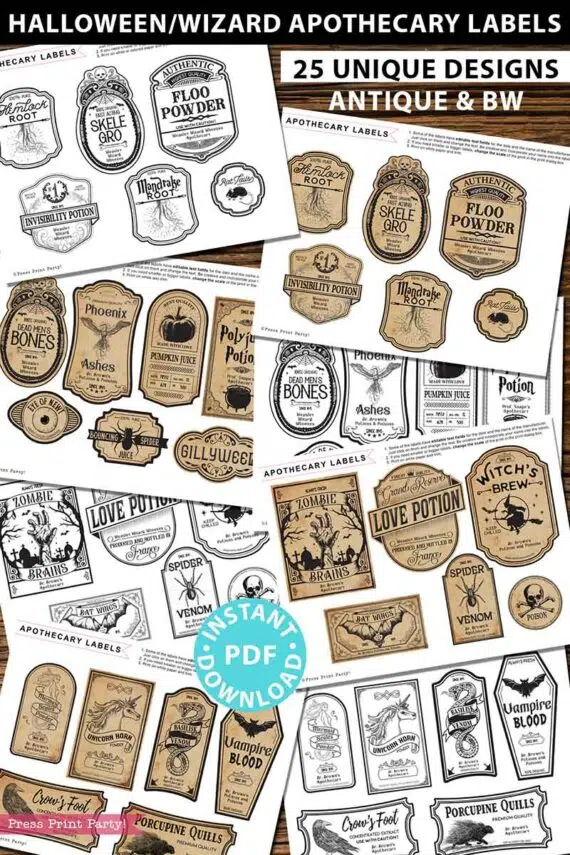 Halloween labels for bottles - Apothecary labels halloween or wizard party. Harry potter party printables - Vintage halloween decorations - antique and black and white printable labels stickers - Press Print Party!