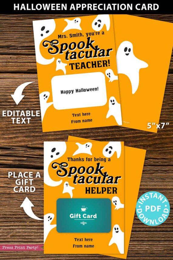 EDITABLE Halloween Gift Card Holder, Teacher Gift Printable, 5x7", ... Spooktacular ..., Customize Text / Name/ Occupation, INSTANT DOWNLOAD Press Print Party