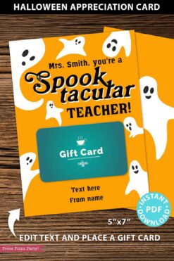 EDITABLE Halloween Gift Card Holder, Teacher Gift Printable, 5x7", ... Spooktacular ..., Customize Text / Name/ Occupation, INSTANT DOWNLOAD Press Print Party