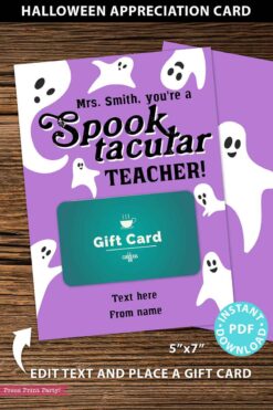 EDITABLE Halloween Gift Card Holder, Teacher Gift Printable, 5x7", You're a Spooktacular ... , Customize Name/ Occupation, INSTANT DOWNLOAD Press Print Party