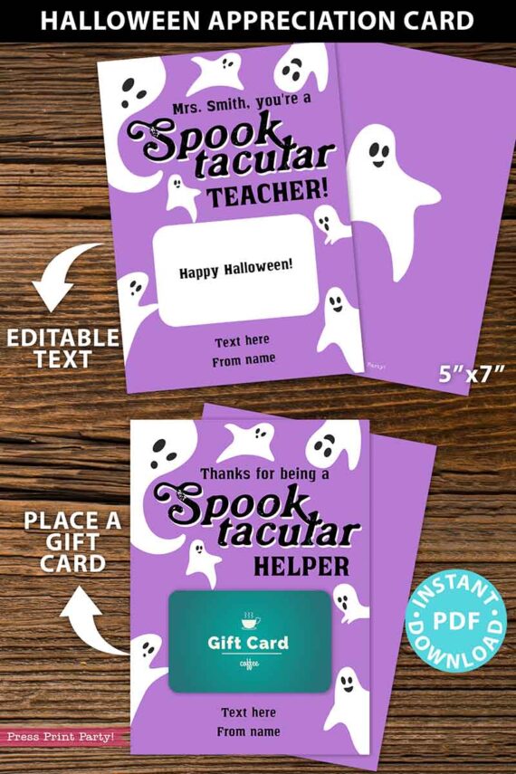 EDITABLE Halloween Gift Card Holder, Teacher Gift Printable, 5x7", You're a Spooktacular ... , Customize Name/ Occupation, INSTANT DOWNLOAD Press Print Party