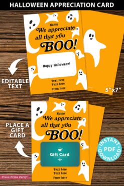 EDITABLE Halloween Gift Card Holder, Teacher Gift Printable Template, 5x7", We Appreciate All That You Boo!, Staff, Custom, INSTANT DOWNLOAD Press Print Party