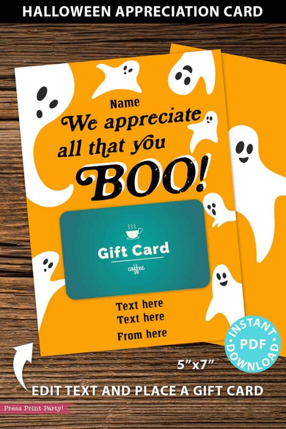 EDITABLE Halloween Gift Card Holder, Teacher Gift Printable Template, 5x7", We Appreciate All That You Boo!, Staff, Custom, INSTANT DOWNLOAD Press Print Party