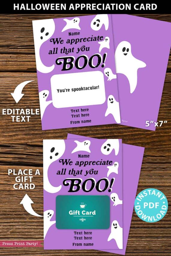 EDITABLE Halloween Gift Card Holder, Teacher Gift Printable Template, 5x7", We Appreciate All That You Boo!, Staff, Custom, INSTANT DOWNLOAD Press Print Party