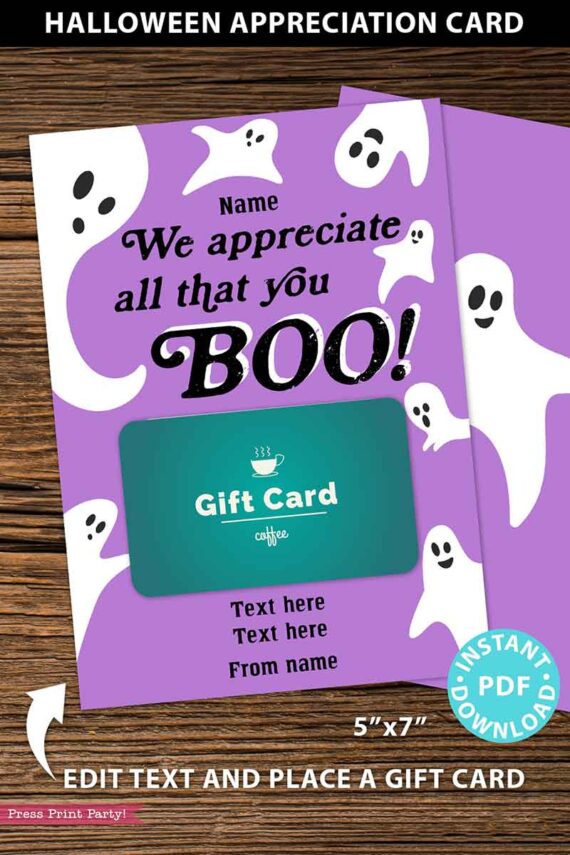 EDITABLE Halloween Gift Card Holder, Teacher Gift Printable Template, 5x7", We Appreciate All That You Boo!, Staff, Custom, INSTANT DOWNLOAD Press Print Party