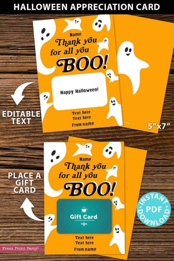 EDITABLE Halloween Gift Card Holder, Teacher Gift Printable Template, 5x7", Employee, Staff, Thank You for All You Boo, INSTANT DOWNLOAD Press Print Party