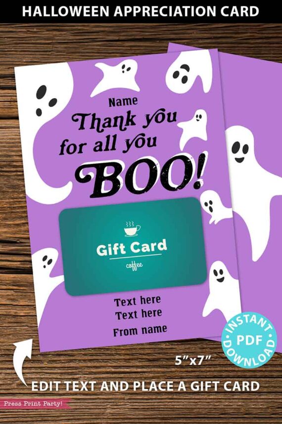 EDITABLE Halloween Gift Card Holder, Teacher Gift Printable Template, 5x7", Employee, Staff, Thank You for All You Boo, INSTANT DOWNLOAD Press Print Party