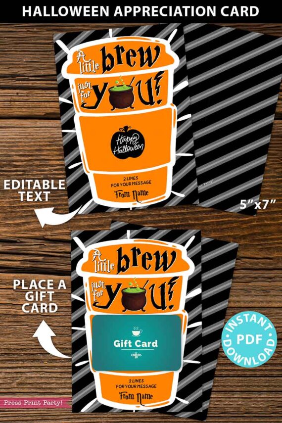 EDITABLE Halloween Gift Card Holder, Coffee Gift Card, Teacher Gift Printable, 5x7", A Little Brew Just For You, Wizard, INSTANT DOWNLOAD Press Print Party