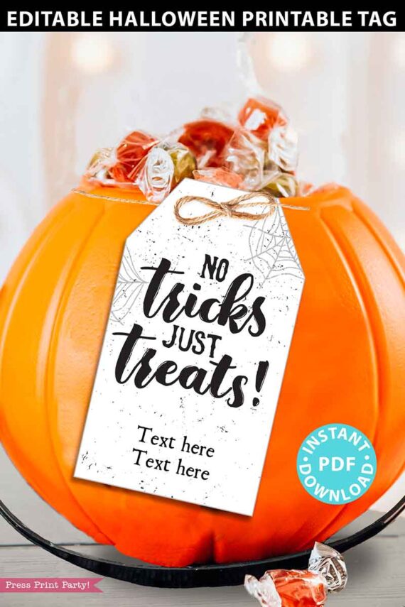 EDITABLE Halloween Tag Printable, No Tricks Just Treats, Halloween Favors, Thank You Goodie Bag, Halloween Treats, School, INSTANT DOWNLOAD Press Print Party