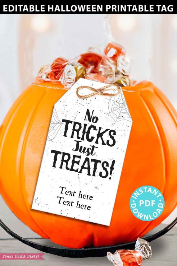 EDITABLE Halloween Tag Printable, No Tricks Just Treats, Halloween Favors, Thank You Goodie Bag, Halloween Treats, School, INSTANT DOWNLOAD Press Print Party