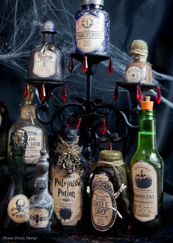 Halloween potion bottles diy harry potter potions and labels-how to make apothecary bottles- polyjuice potion, mandrake root, invisibility potion, floo powder, basilisk venom, witchs brew, unicorn horn powder, spider venom, phoenis ashes, pumpkin juice, rat tails, mermaid scales powder, love potion, skelegro - eye of newt, vampire blood -Press Print Party