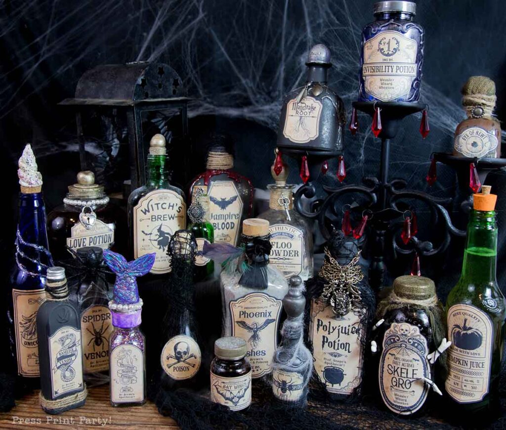 Halloween potion bottles diy harry potter potions and labels-how to make apothecary bottles- polyjuice potion, mandrake root, invisibilty potion, floo powder, basilisk venom, witchs brew, unicorn horn powder, spider venom, phoenis ashes, pumpkin juice, rat tails, mermaid scales powder, love potion, skelegro - eye of newt, vampire blood -Press Print Party