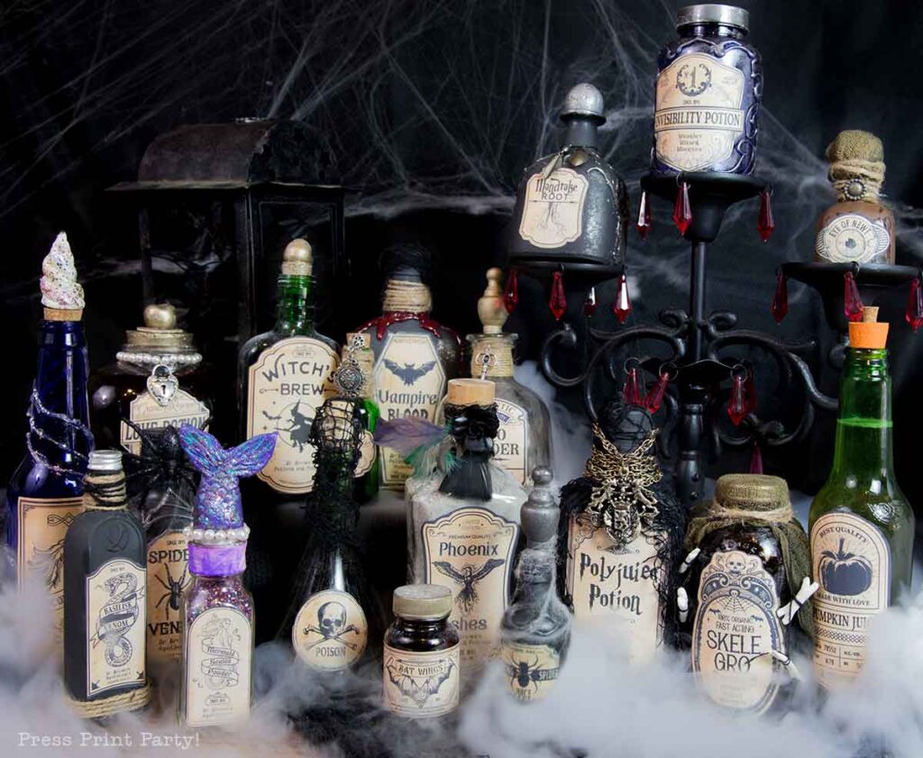 Halloween potion bottles diy harry potter potions and labels-how to make apothecary bottles- polyjuice potion, mandrake root, invisibilty potion, floo powder, basilisk venom, witchs brew, unicorn horn powder, spider venom, phoenis ashes, pumpkin juice, rat tails, mermaid scales powder, love potion, skelegro - eye of newt, vampire blood -Press Print Party