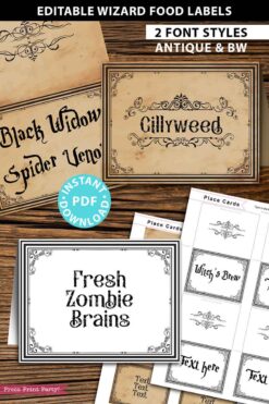 Halloween or Harry Potter Food Label Printables EDITABLE Wizard Food Labels Printable, Halloween Food Labels, Witch Wizard Party Theme, Vintage Halloween Decor Card Tent, INSTANT DOWNLOAD press print party