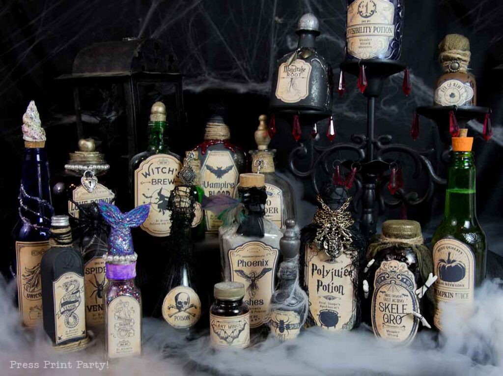 Halloween potion bottles diy harry potter potions and labels-how to make apothecary bottles- polyjuice potion, mandrake root, invisibility potion, floo powder, basilisk venom, witchs brew, unicorn horn powder, spider venom, phoenix ashes, pumpkin juice, rat tails, mermaid scales powder, love potion, skelegro - eye of newt, vampire blood -Press Print Party