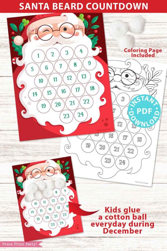 Santa Beard Countdown to Christmas Printable, Christmas Advent Calendar for Kids, w. Cotton Balls, Coloring Page Included, INSTANT DOWNLOAD Press Print Party