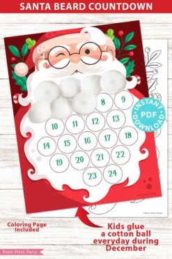 Santa Beard Countdown to Christmas Printable, Christmas Advent Calendar for Kids, w. Cotton Balls, Coloring Page Included, INSTANT DOWNLOAD Press Print Party