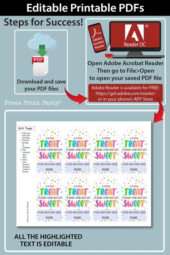 EDITABLE Back to School Gift Tags Printable, First Day of School Gift Tags, A Little Treat to Make Your First Day Sweet, INSTANT DOWNLOAD Press print Party
