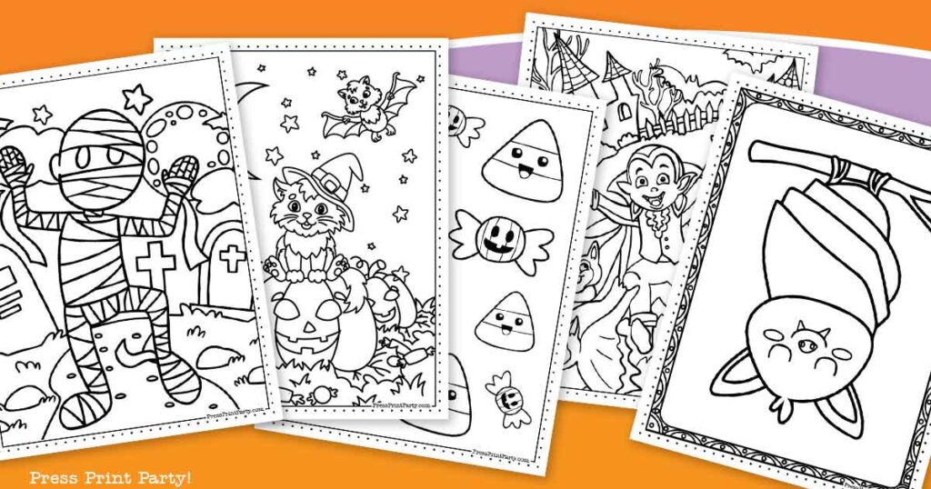 10 halloween coloring pages free printable book for kids - Halloween coloring sheets - mummy, cat on pumkin, candy, bat, vampire - Press Print Party!