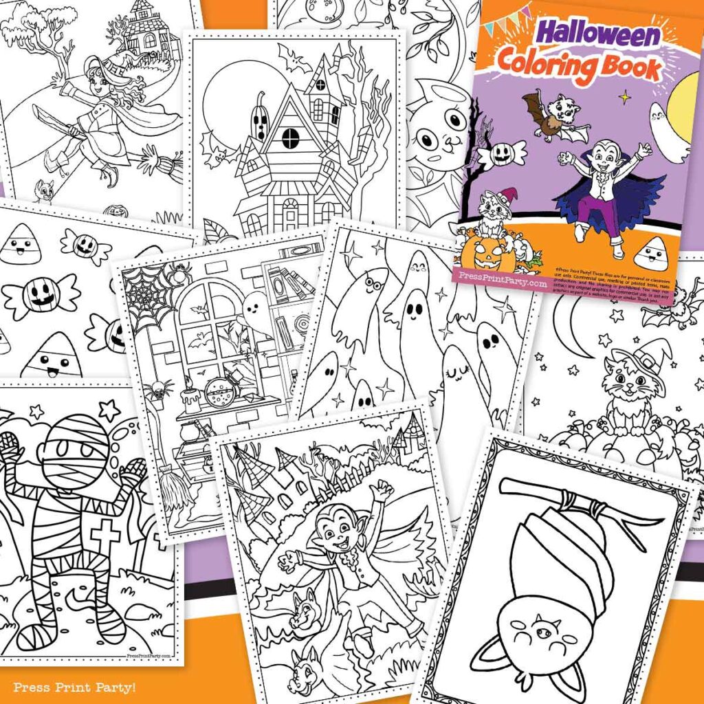 10 halloween coloring pages free printable book for kids - Halloween coloring sheets - mummy, cat on pumkin, candy, bat, vampire, haunted mansion, witch, ghosts - Press Print Party!