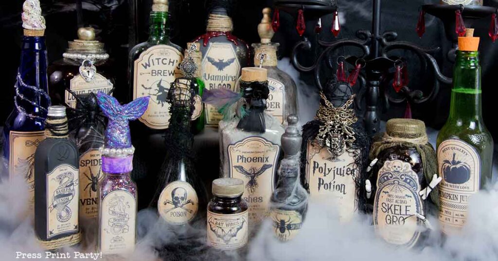 Halloween potion bottles diy harry potter potions and labels-how to make apothecary bottles- polyjuice potion, mandrake root, invisibility potion, floo powder, basilisk venom, witchs brew, unicorn horn powder, spider venom, phoenix ashes, pumpkin juice, rat tails, mermaid scales powder, love potion, skelegro - eye of newt, vampire blood -Press Print Party
