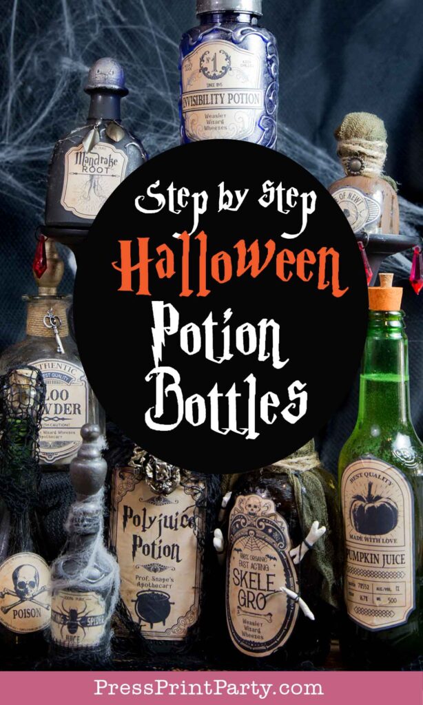 Halloween potion bottles diy harry potter potions and labels-how to make apothecary bottles- polyjuice potion, mandrake root, invisibility potion, floo powder, basilisk venom, witchs brew, unicorn horn powder, spider venom, phoenix ashes, pumpkin juice, rat tails, mermaid scales powder, love potion, skelegro - eye of newt, vampire blood -Press Print Party