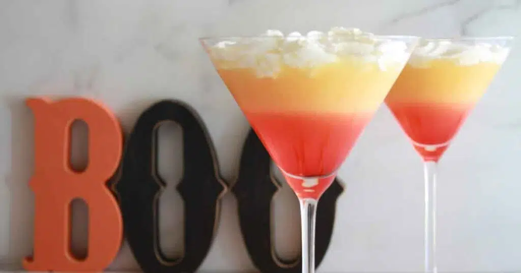 candy corn martini- 33 Wickedly Fun Recipes for Halloween Drinks ideas non alcoholic for Kids & alcoholic for Adults - Press Print Party