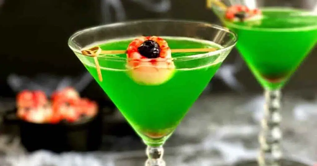 lychee green cocktail- 33 Wickedly Fun Recipes for Halloween Drinks ideas non alcoholic for Kids & alcoholic for Adults - Press Print Party