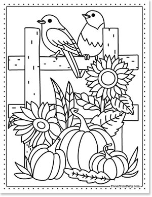 Free Pumpkin Printable Coloring Pages For Fall - Press Print Party birds on fence with flowers and pumpkins