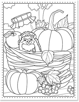 Free Pumpkin Printable Coloring Pages For Fall - Press Print Party hedgehog in basket with pumkins