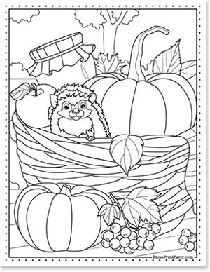 Free Pumpkin Printable Coloring Pages For Fall - Press Print Party hedgehog in basket with pumkins