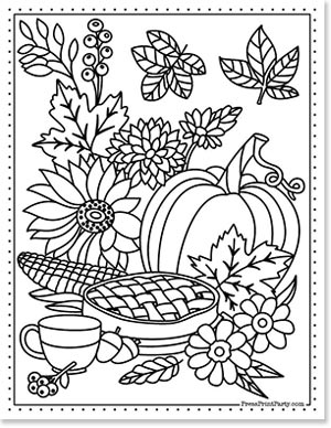 Free Pumpkin Printable Coloring Pages For Fall - Press Print Party pie and pumpkins and flowers