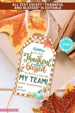 EDITABLE Thanksgiving Tags Printable, Thankful and Blessed, Religious Fall Tag for Teacher, Staff, Employees, Nurse, Rustic INSTANT DOWNLOAD Press print PARTY thankful youre on my team
