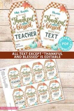 EDITABLE Thanksgiving Tags Printable, Thankful and Blessed, Religious Fall Tag for Teacher, Staff, Employees, Nurse, Rustic INSTANT DOWNLOAD Press print PARTY