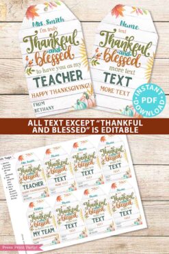 EDITABLE Thanksgiving Tags Printable, Thankful and Blessed, Religious Fall Tag for Teacher, Staff, Employees, Nurse, Rustic INSTANT DOWNLOAD Press print PARTY