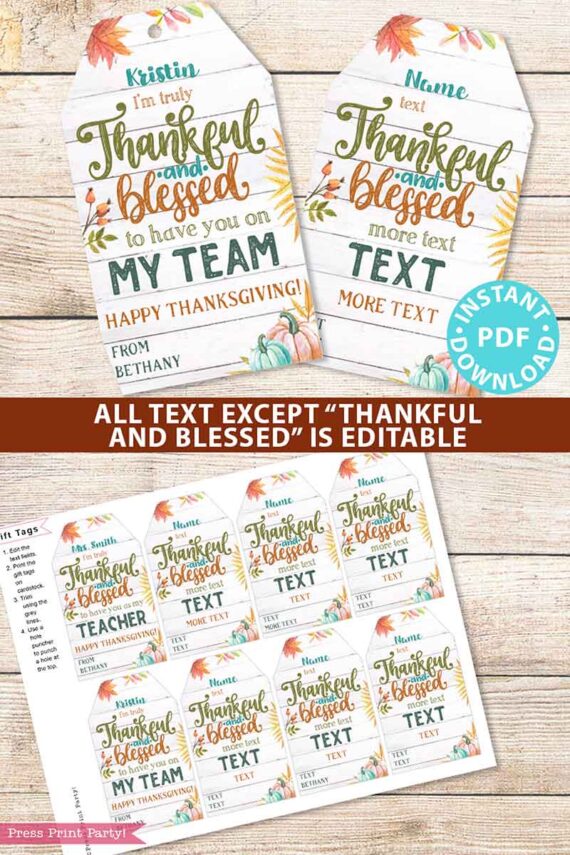 EDITABLE Thanksgiving Tags Printable, Thankful and Blessed, Religious Fall Tag for Teacher, Staff, Employees, Nurse, Rustic INSTANT DOWNLOAD Press print PARTY