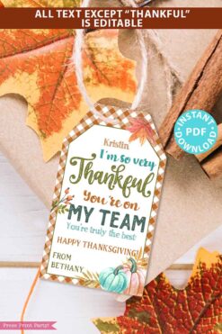 EDITABLE Thanksgiving Tags Printable, Thankful for You Gift Tag, Fall Tag for Teacher, Staff, Employees, Nurse, Rustic INSTANT DOWNLOAD Press Print Party thankful you're on my team