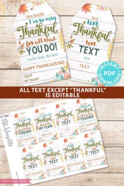 EDITABLE Thanksgiving Tags Printable, Thankful for You Gift Tag, Fall Tag for Teacher, Staff, Employees, Nurse, Rustic INSTANT DOWNLOAD Press Print Party thankful for all you do