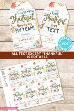 EDITABLE Thanksgiving Tags Printable, Thankful for You Gift Tag, Fall Tag for Teacher, Staff, Employees, Nurse, Rustic INSTANT DOWNLOAD Press Print Party thankful youre on my team