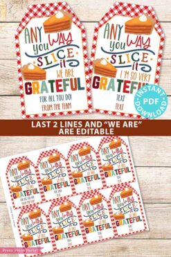 Fall Thanksgiving Tag for Pie, Thank You Gift Tags Printable, Any Way You Slice It, Grateful, Nurse, Staff, Editable, INSTANT DOWNLOAD Press Print Party