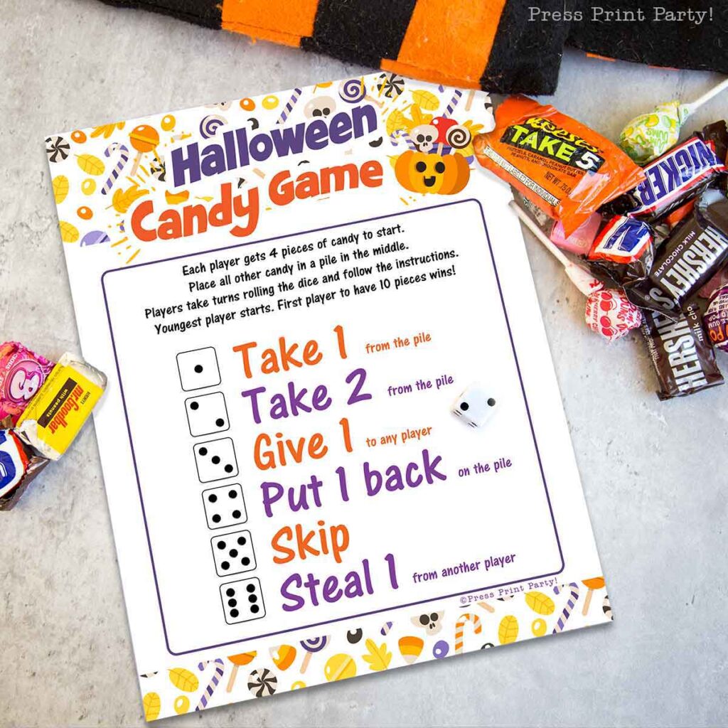Free printable halloween candy game with dice for kids candy game swap exchange candy - Press Print Party.