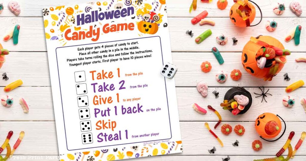 Free printable halloween candy game with dice for kids candy game swap exchange candy - Press Print Party.