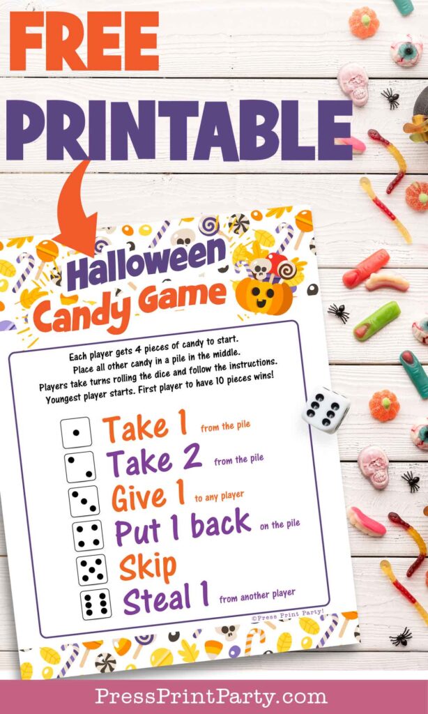 Free printable halloween candy game with dice for kids candy game swap exchange candy - Press Print Party.