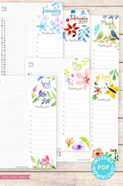 press print party 2023 Calendar Printable Bundle, Watercolor design, Bullet Journal Inserts, Monthly Calendar, Daily Routine Tracker, INSTANT DOWNLOAD