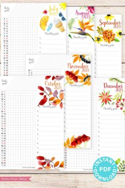 press print party 2023 Calendar Printable Bundle, Watercolor design, Bullet Journal Inserts, Monthly Calendar, Daily Routine Tracker, INSTANT DOWNLOAD