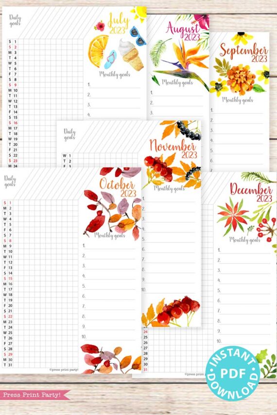 press print party 2023 Calendar Printable Bundle, Watercolor design, Bullet Journal Inserts, Monthly Calendar, Daily Routine Tracker, INSTANT DOWNLOAD