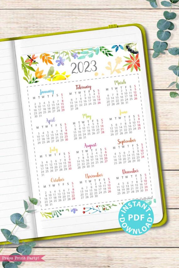 press print party 2023 Calendar Printable Bundle, Watercolor design, Bullet Journal Inserts, Monthly Calendar, Daily Routine Tracker, INSTANT DOWNLOAD monday start
